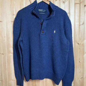 POLO RALPH LAUREN Size Large Cable Knit Sweater Cotton 1/4 Button Zip RARE Blue